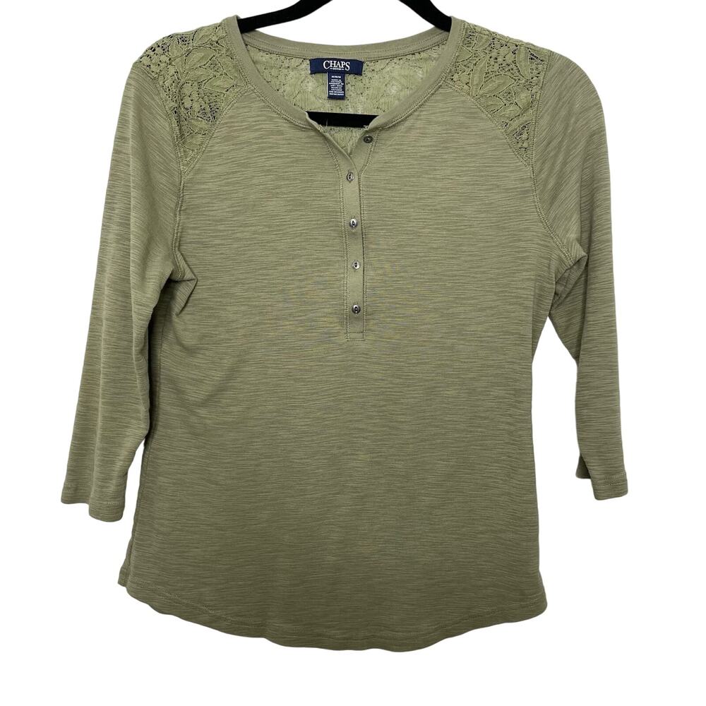Chaps Henley Long‎ Sleeve Top 1/2 Button Up Lace Shoulder Detail Heather Green M